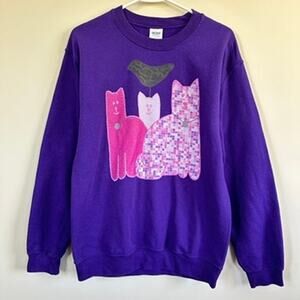 Gildan Vintage Cat Sweatshirt Purple Crew Neck Long Sleeve SMALL One of a Kind